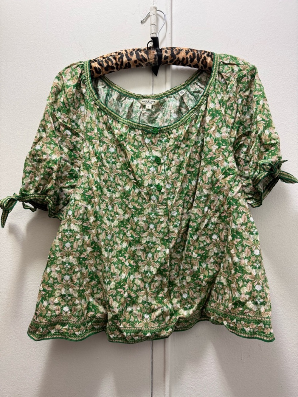Max Studio London Green Floral Short-Sleeve Peasant Top Medium